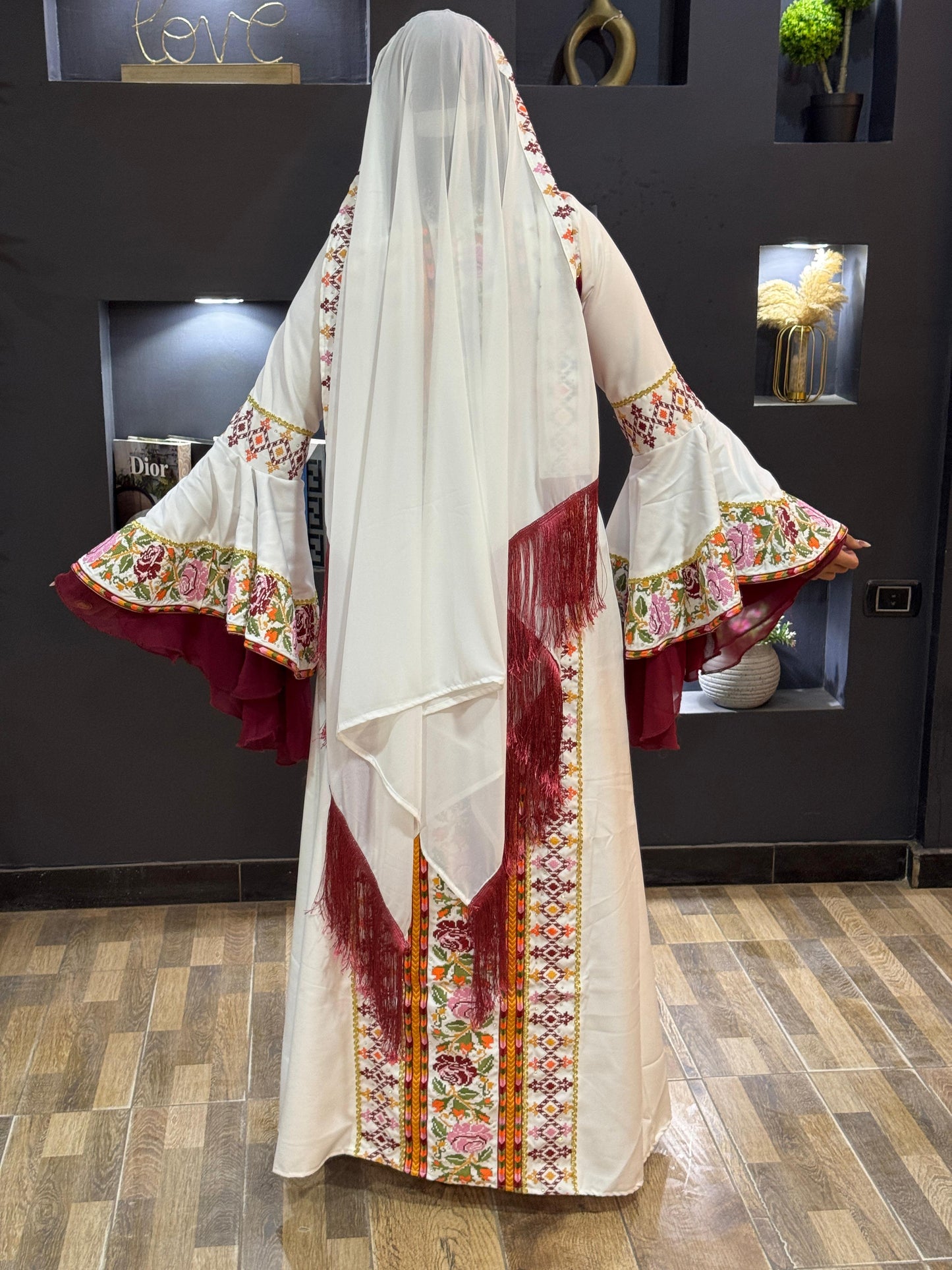 White and burgundy embroidered dress