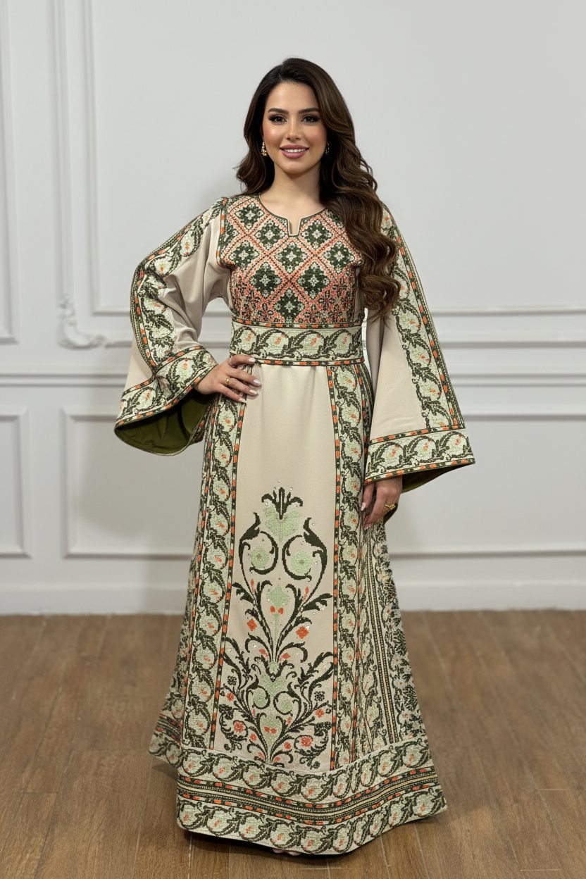 Beige thobe with olive green embroidery