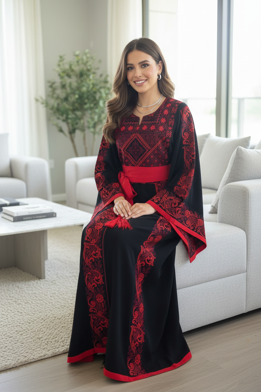 Elegant black and red thobe with matching satin belt