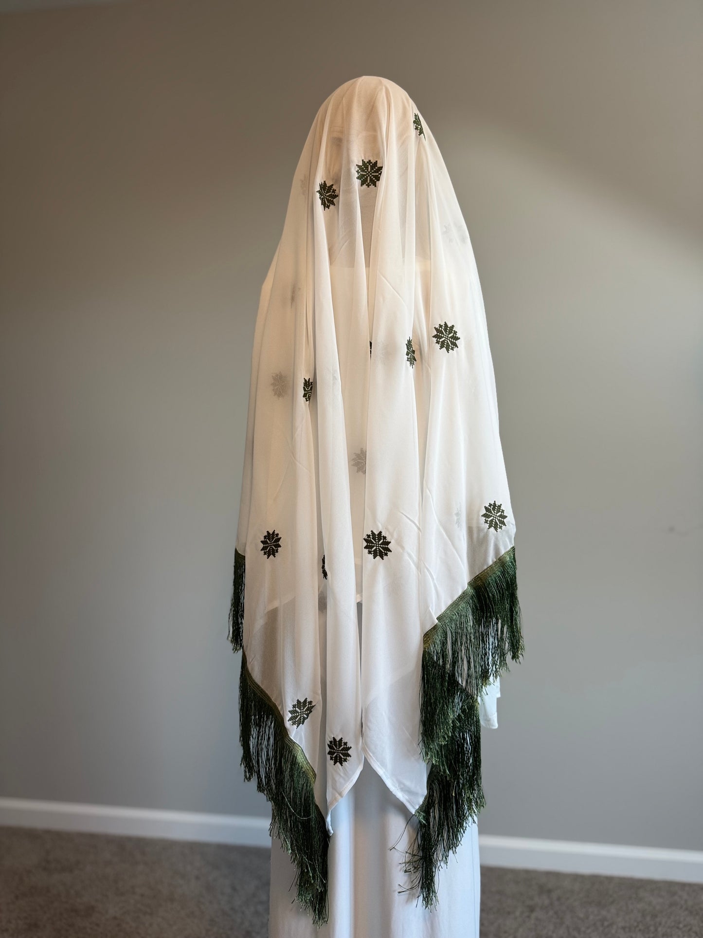 White headscarf with olive green embroidery