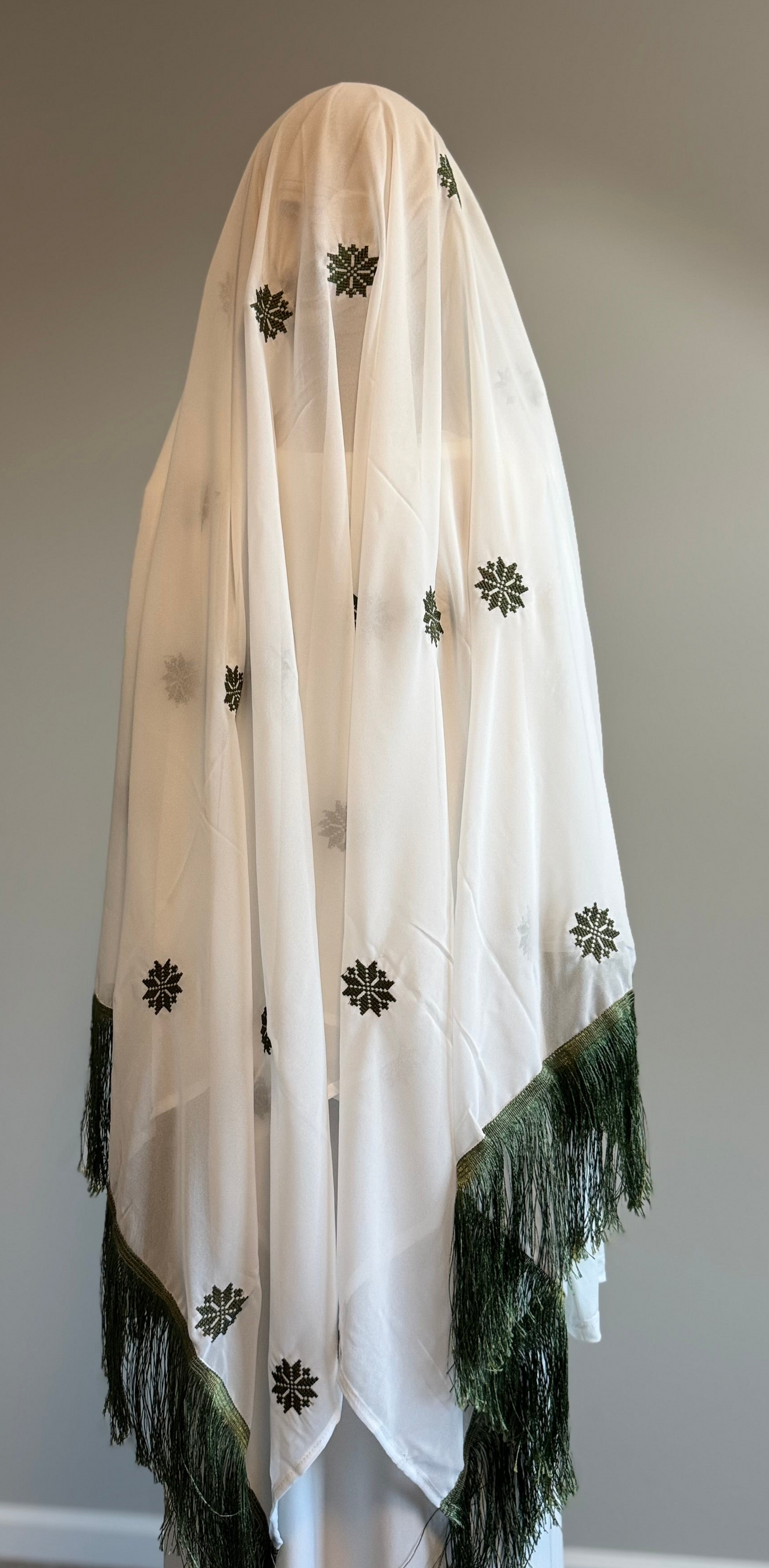 White headscarf with olive green embroidery