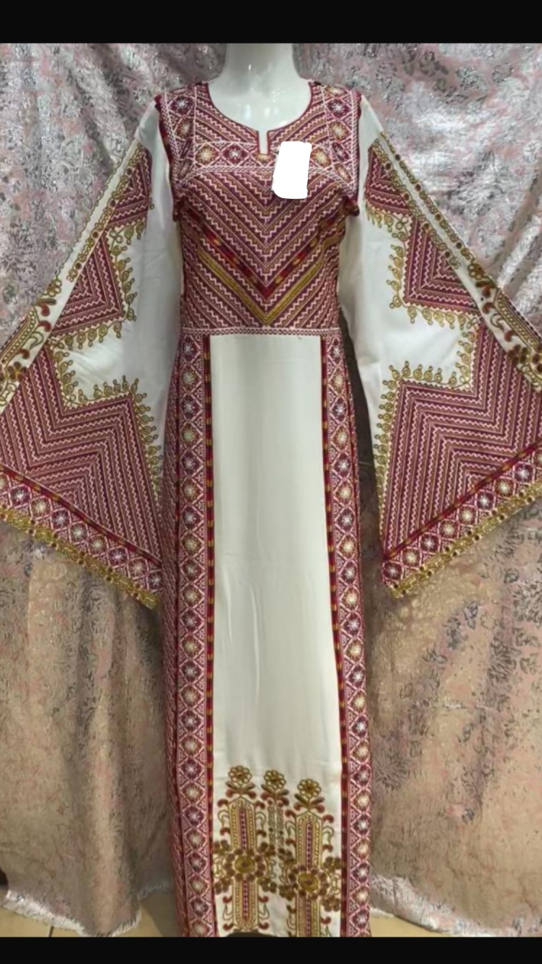 Light beige and burgundy embroidered thobe