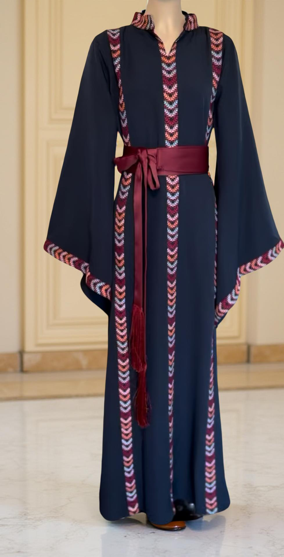 Navy blue embroidered dress with matching belt