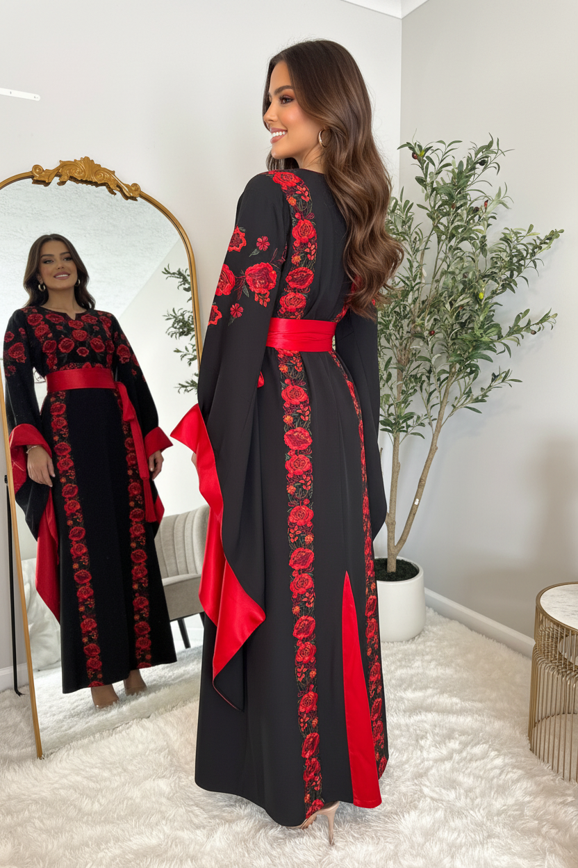 Black thobe with colorful embroidery
