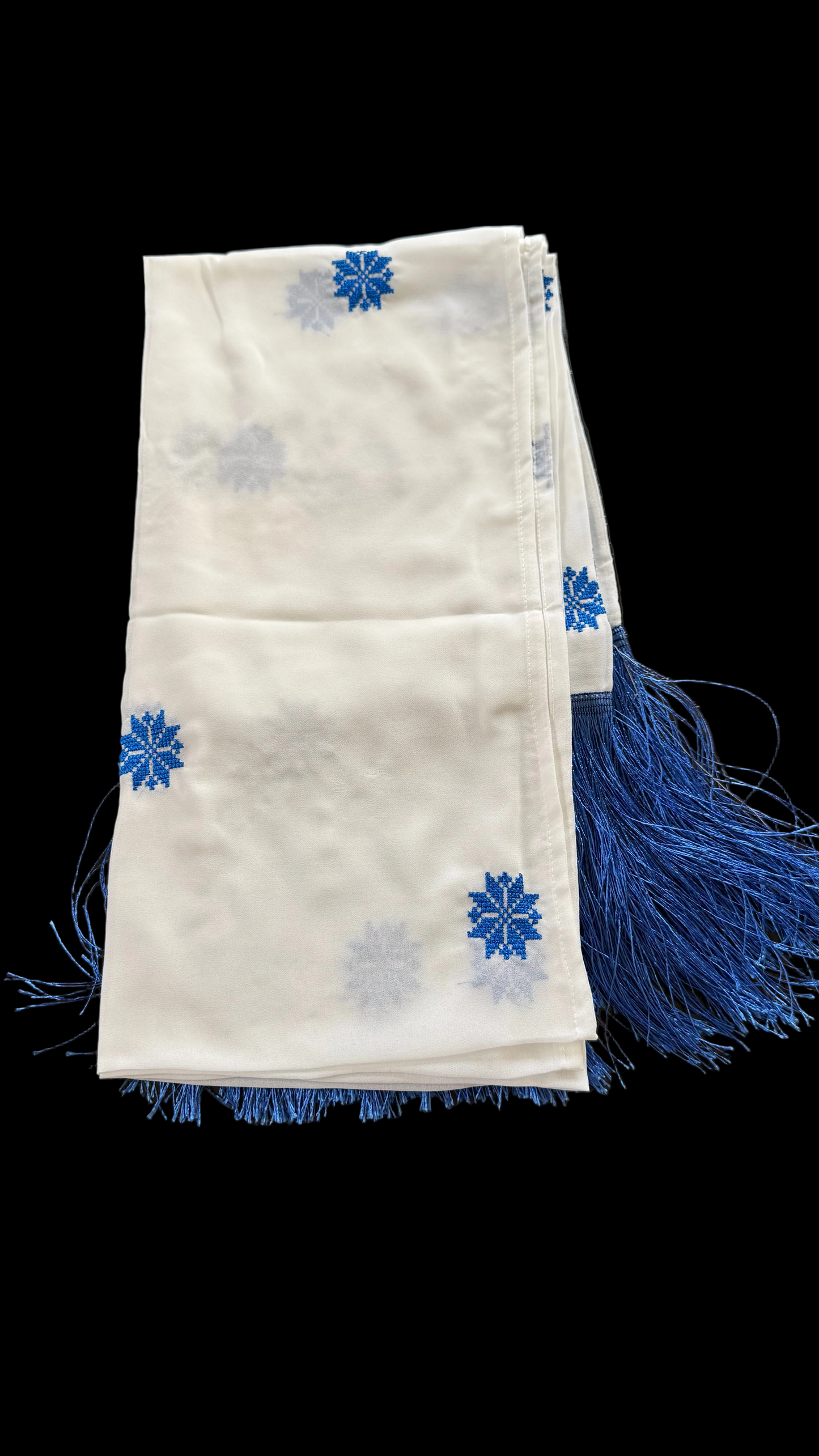 Off-white head scarf with royal blue embroidery
