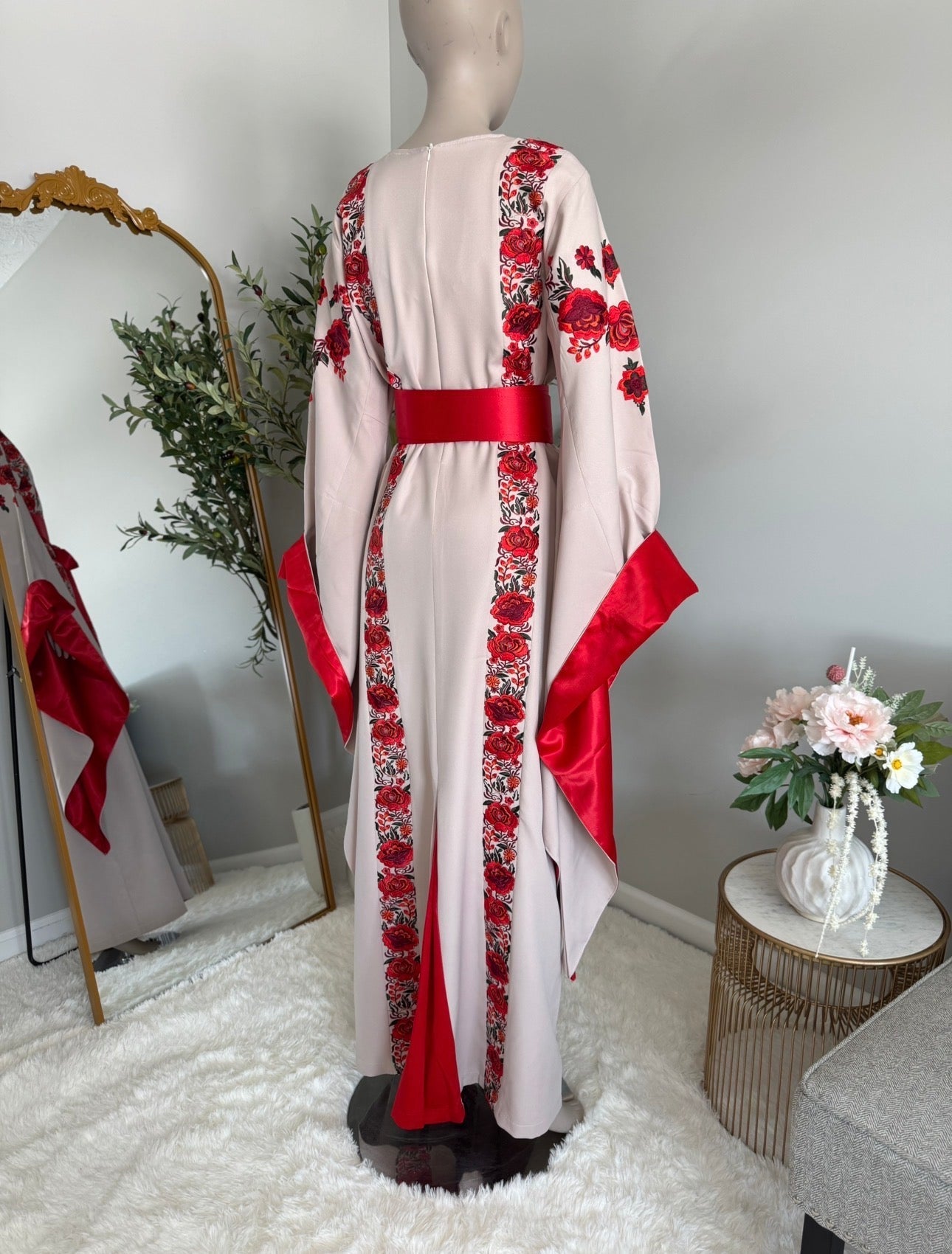 Beige Thobe with Red Embroidery