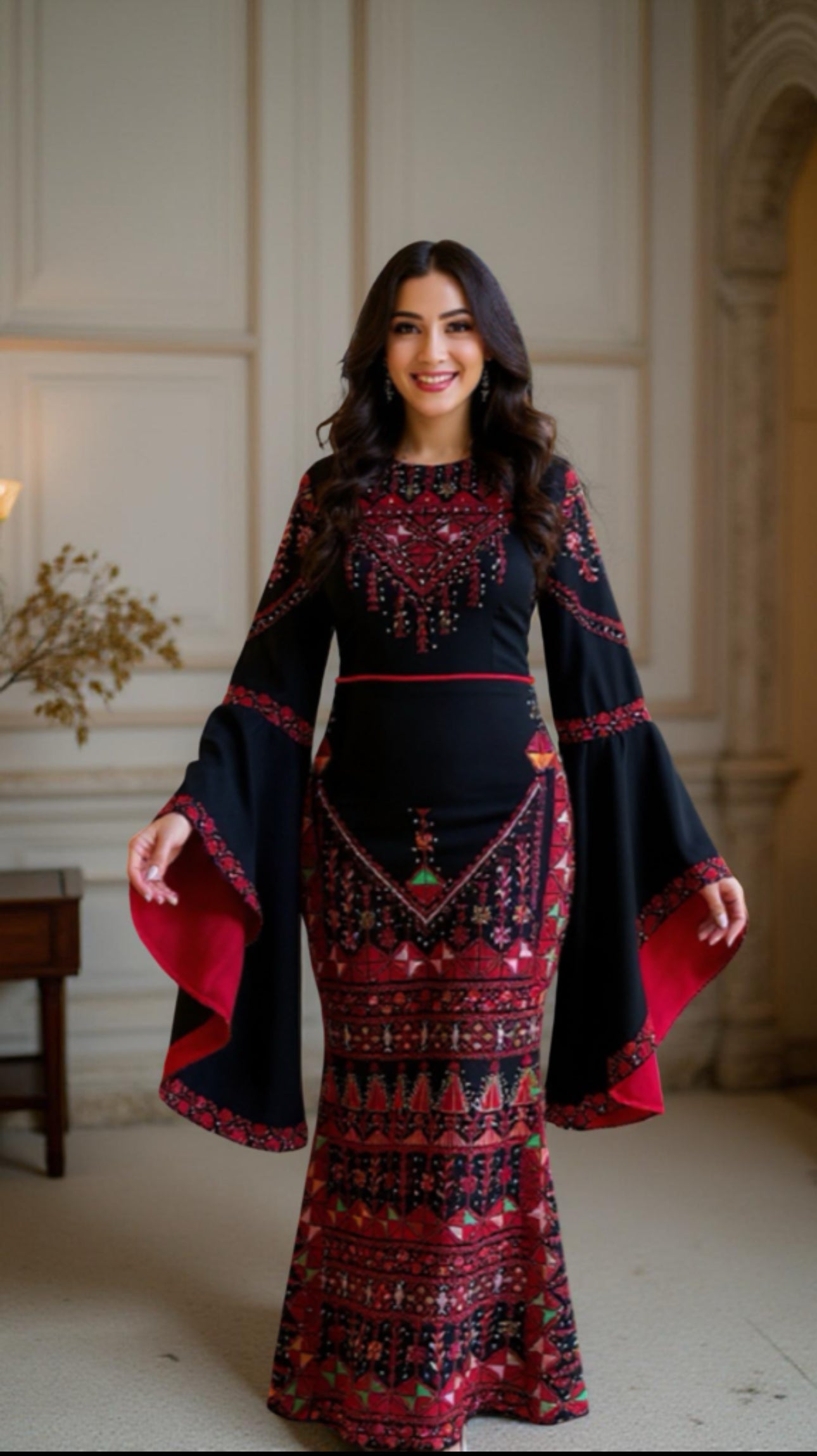 Black and red embroidered dress with flare sleeves