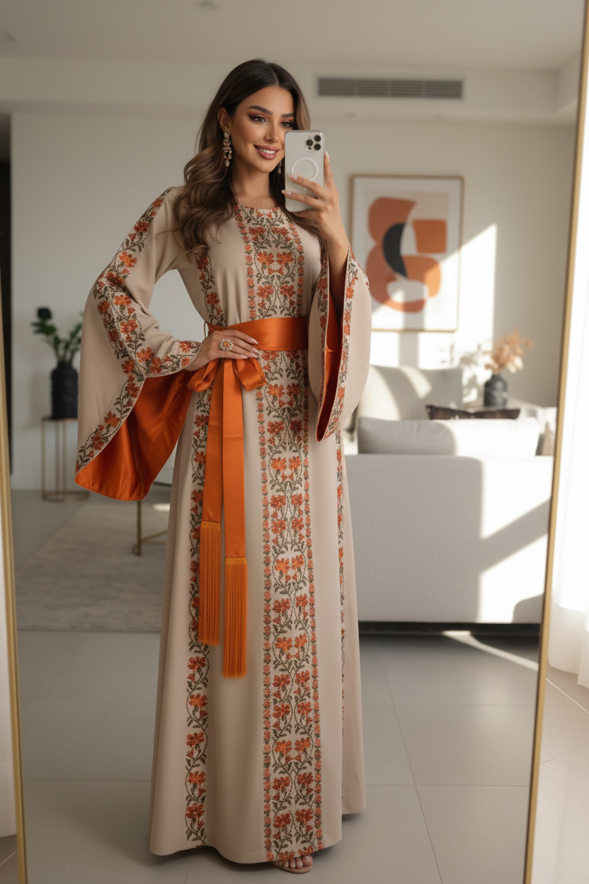 A beautiful beige and orangedress with fashionable sleeves.