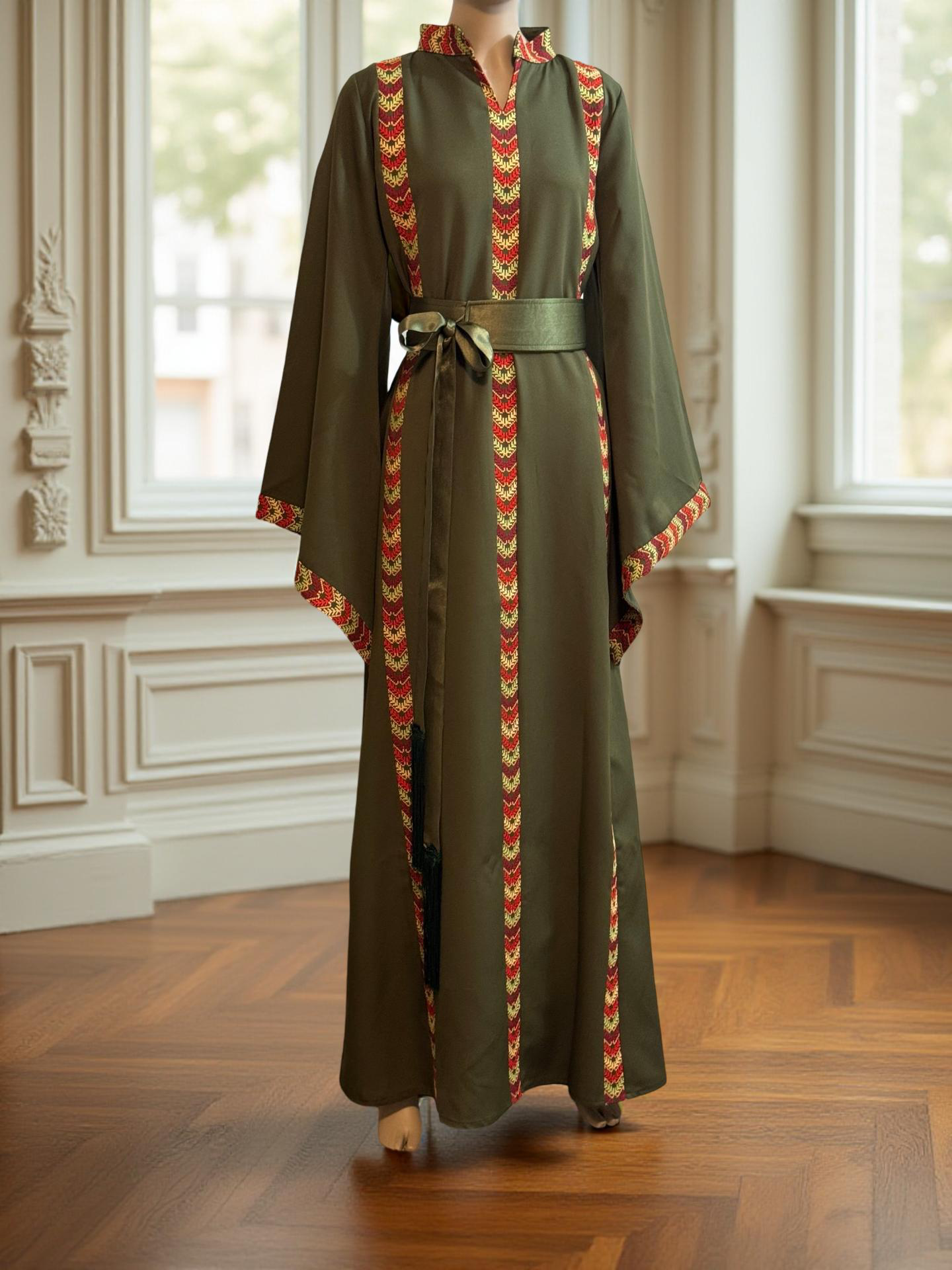 Olive green embroidered dress with satin belt