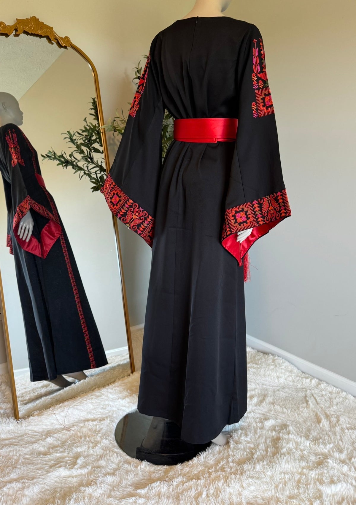 Black embroidered dress with matching belt