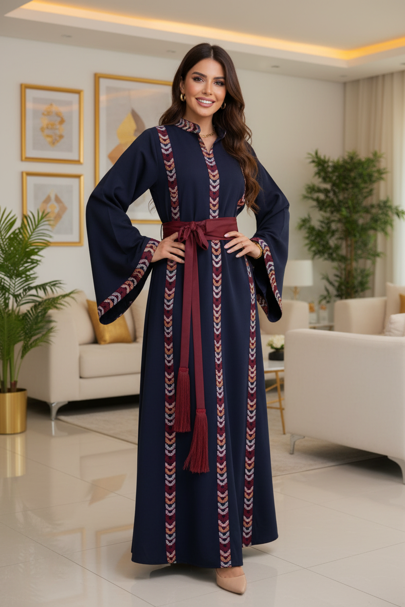Navy blue embroidered dress with matching belt