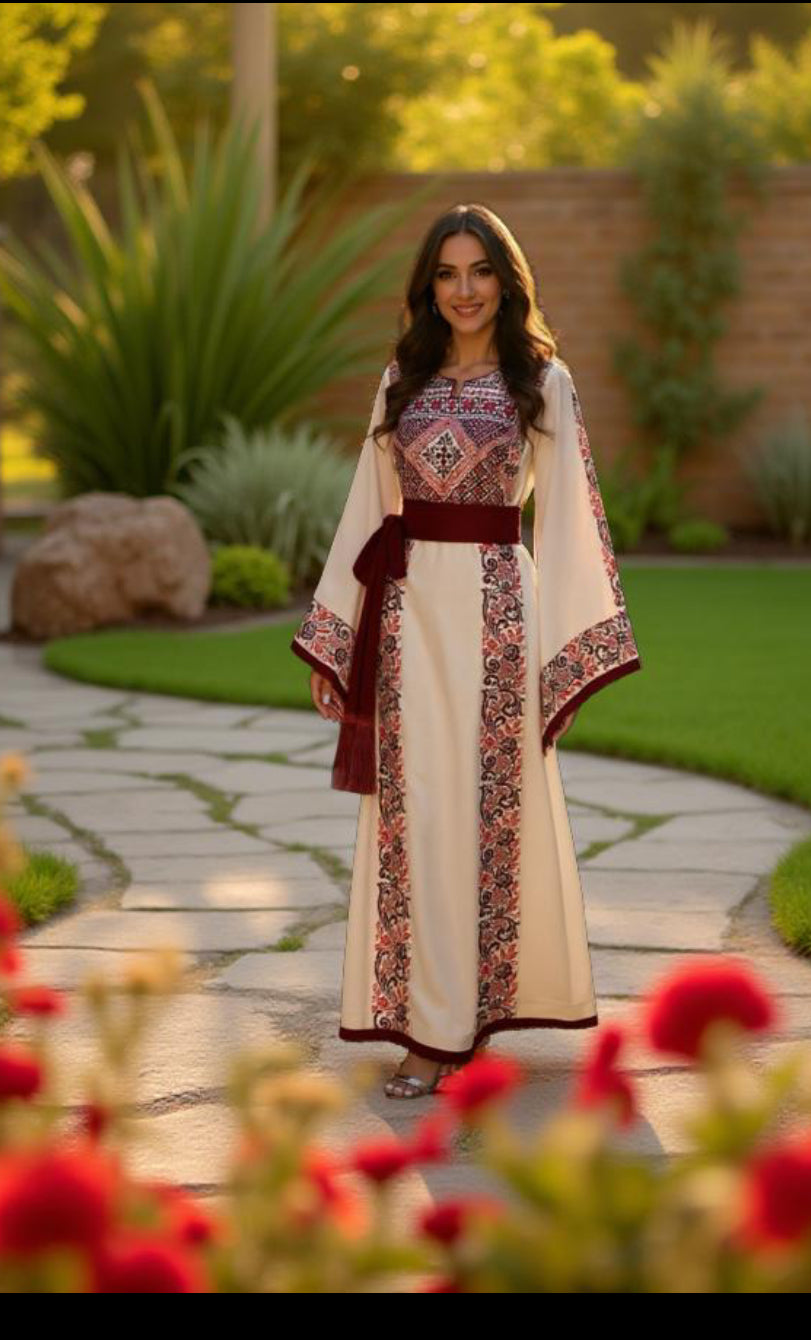 Cream fabric thobe with burgundy embroidery