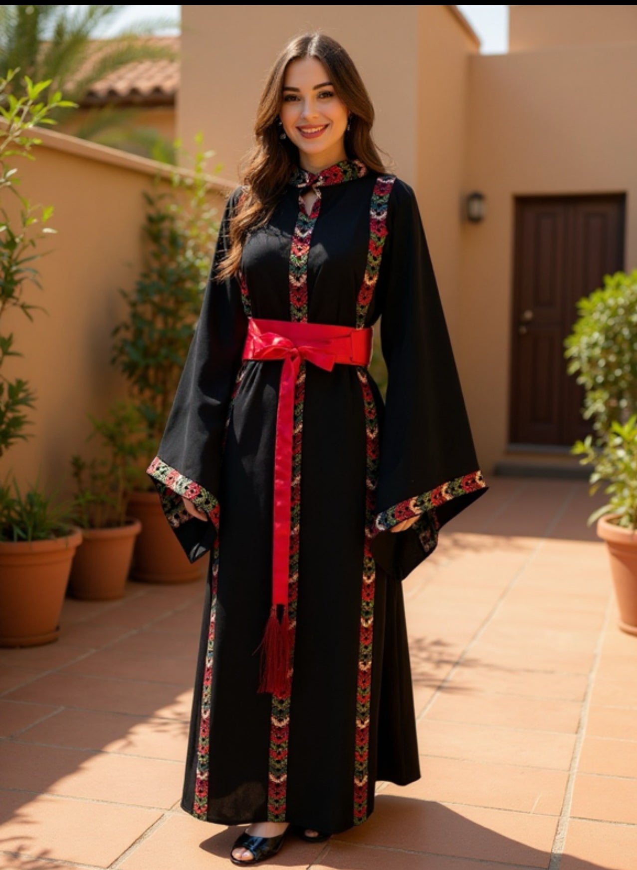 Black dress with embroidery and satin belt.