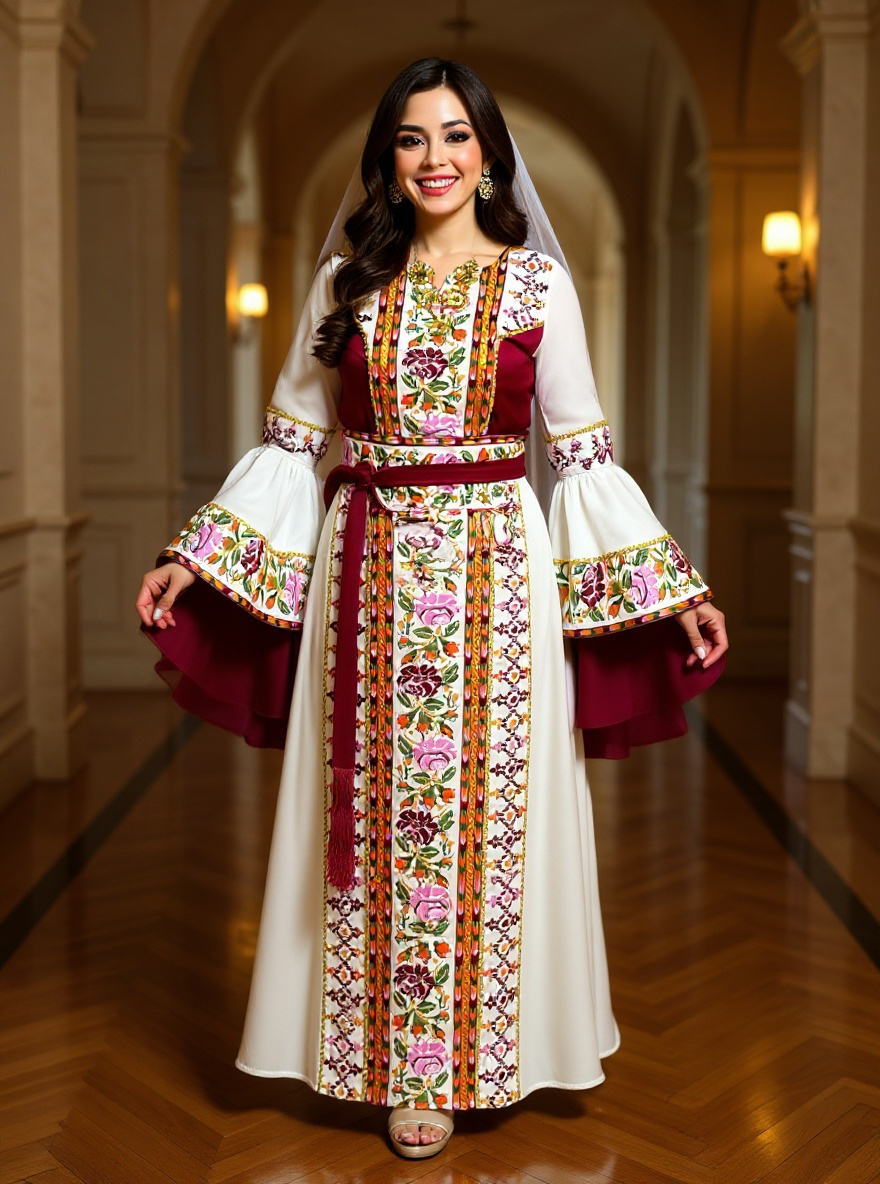 White and burgundy embroidered dress