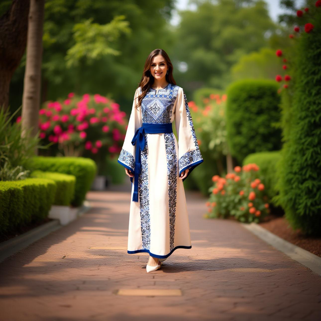 Cream thobe with royal blue embroidery.