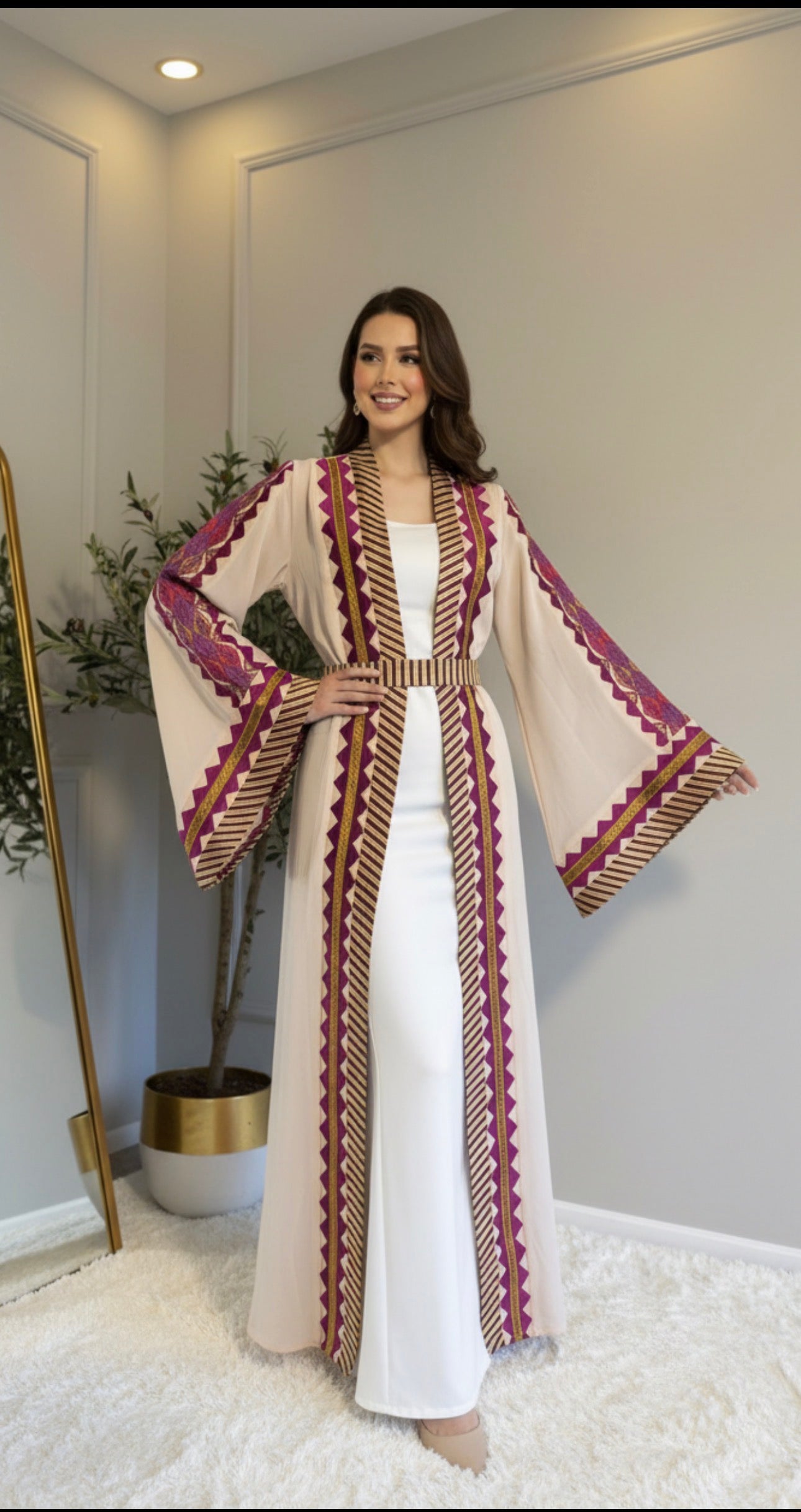 Beige embroidered open abaya with belt