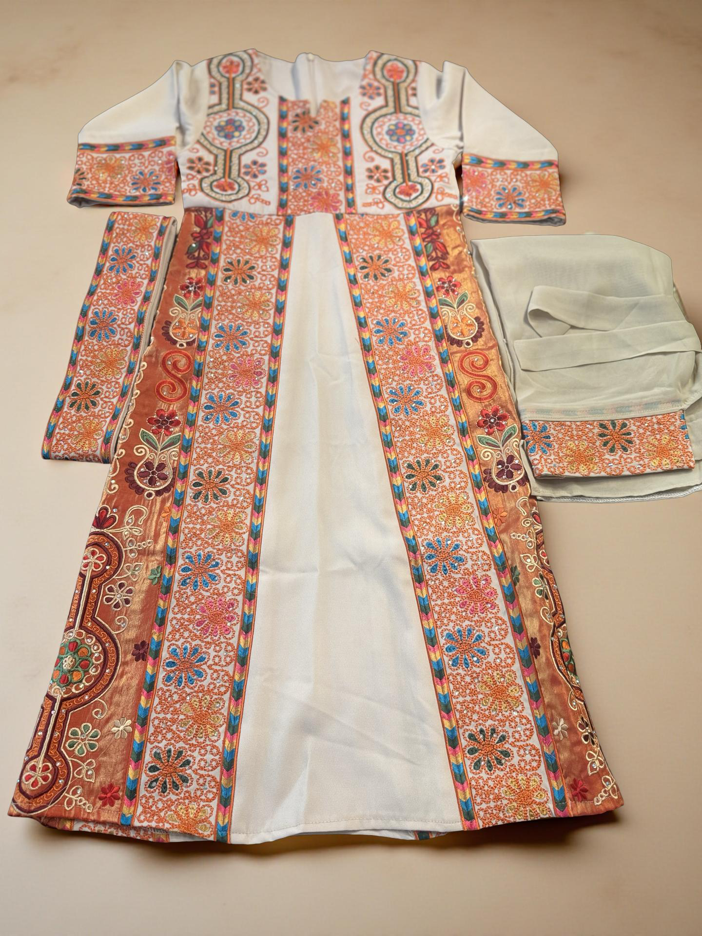 Beige and orange little girl thobe