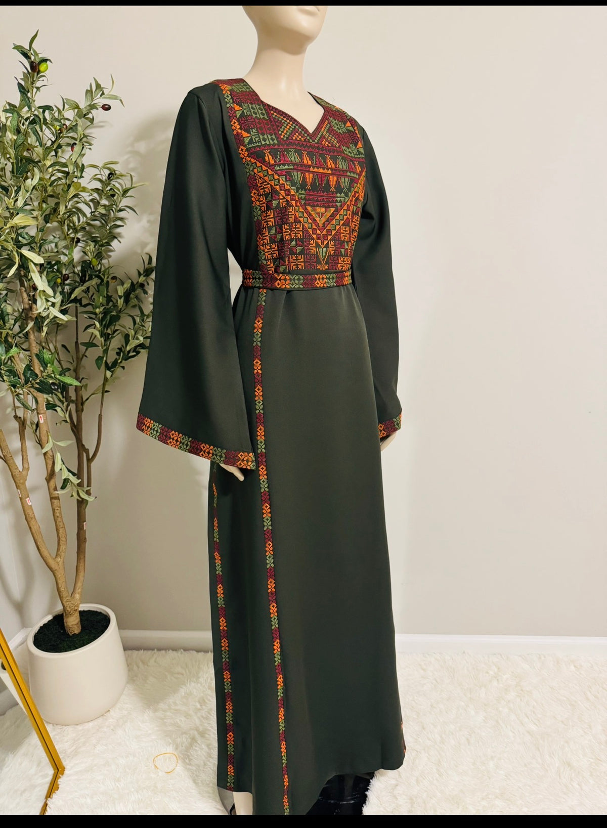 Olive Green Women’s Dress with Embroidery