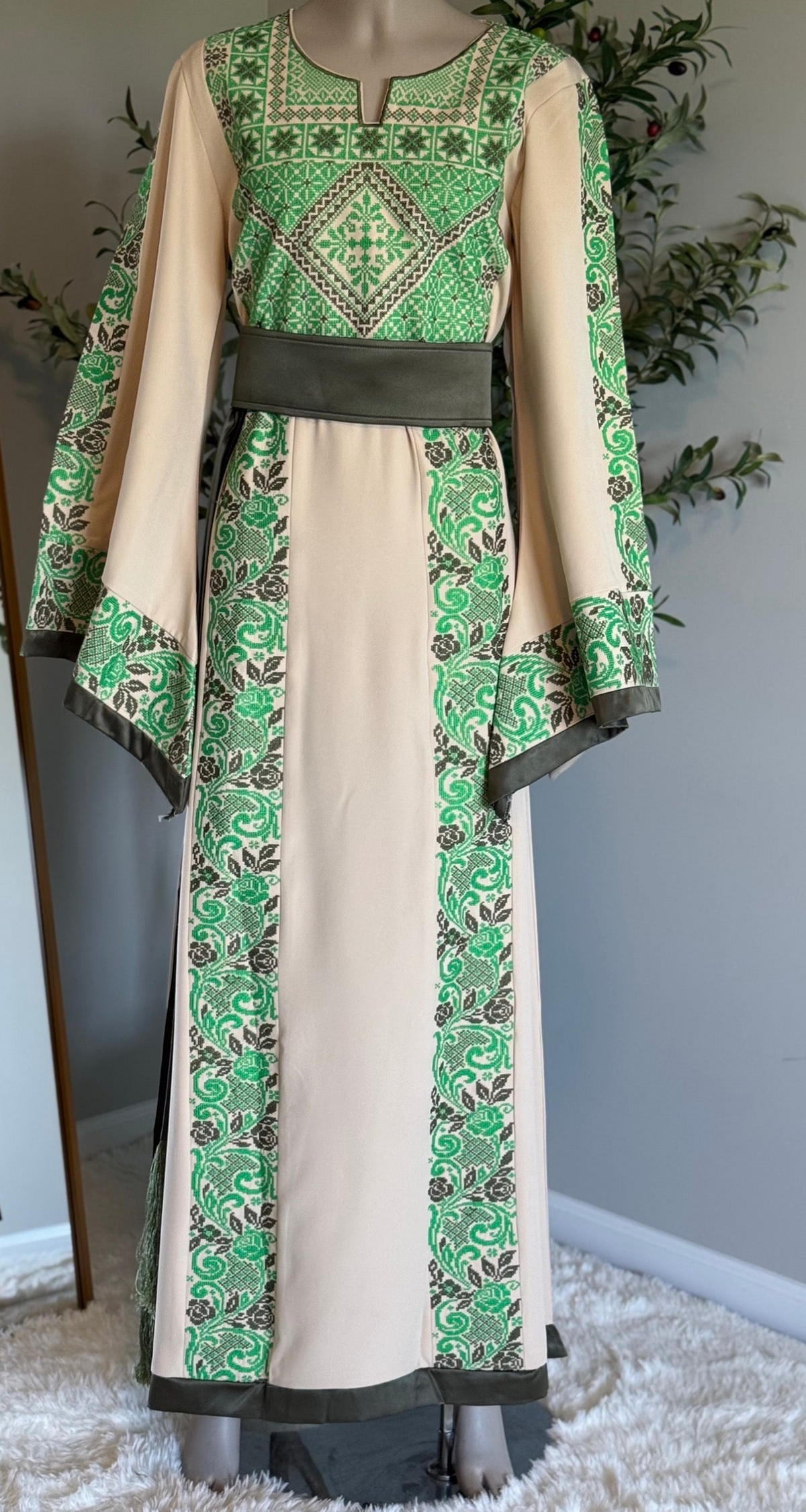 Dark beige thobe with green embroidery