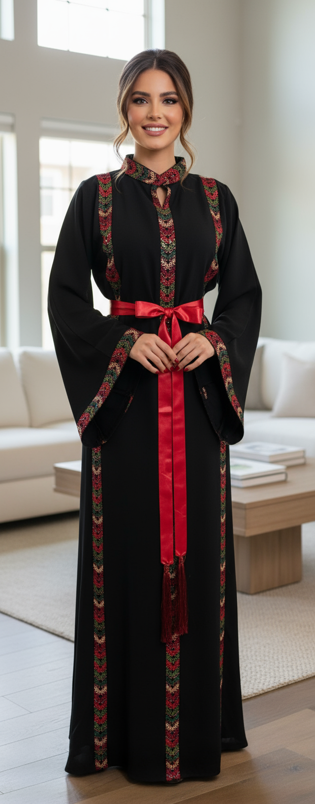 Black dress with embroidery and satin belt.