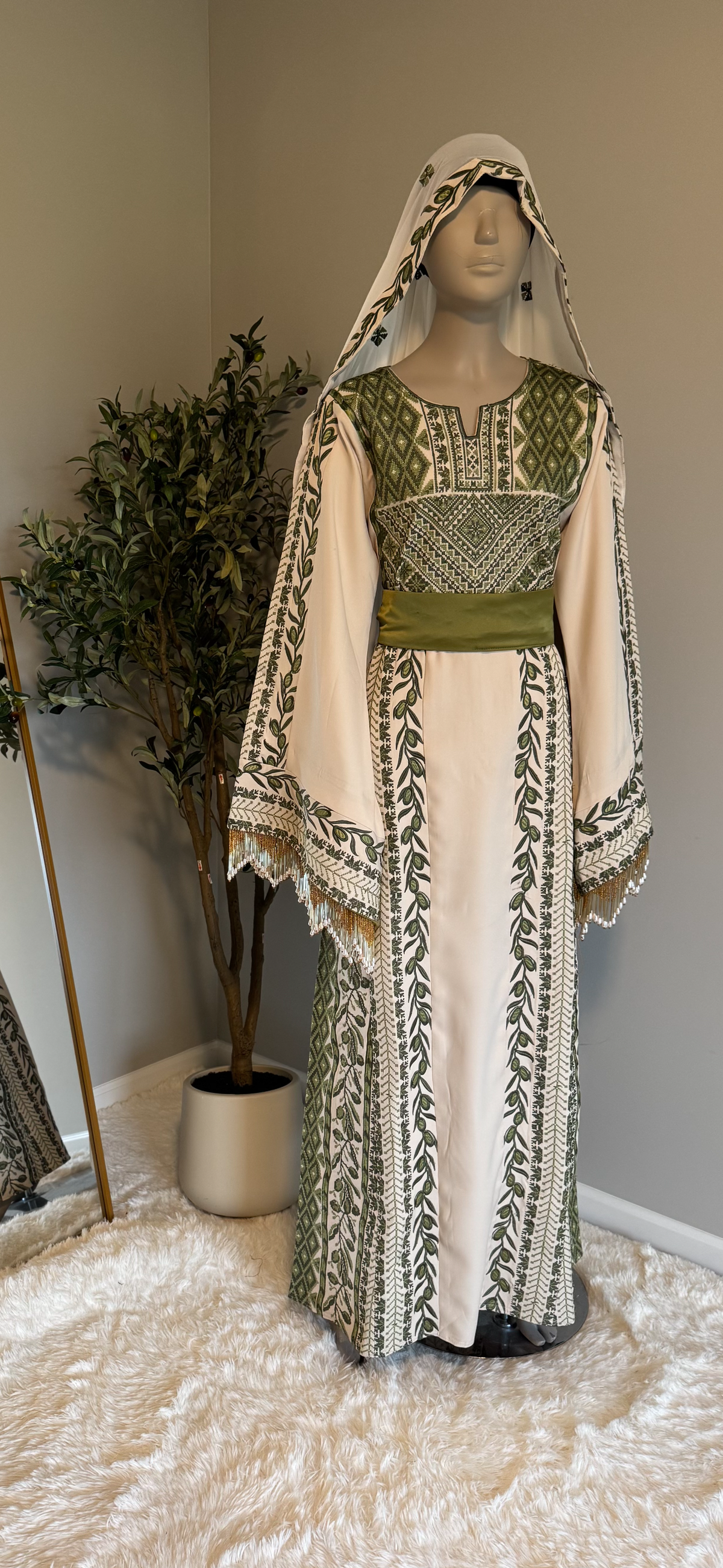 Beige and thobe with olive green embroidery