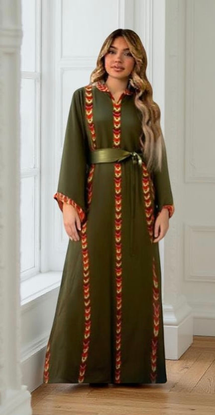 Olive green embroidered dress with satin belt