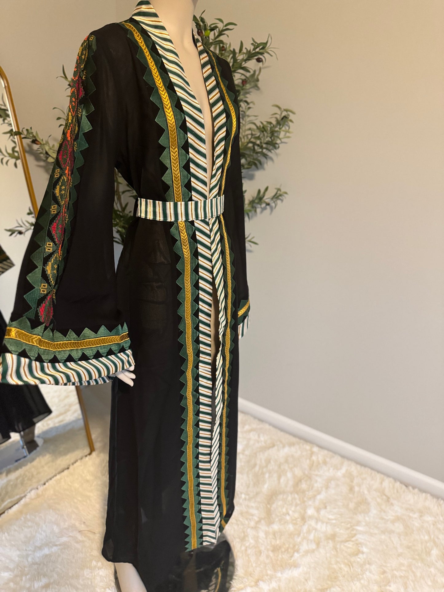 Black and green open abaya