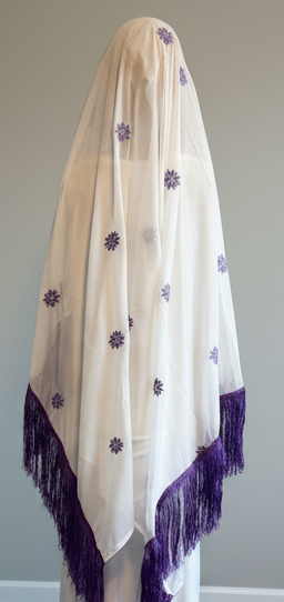 White headscarf with purple embroidery