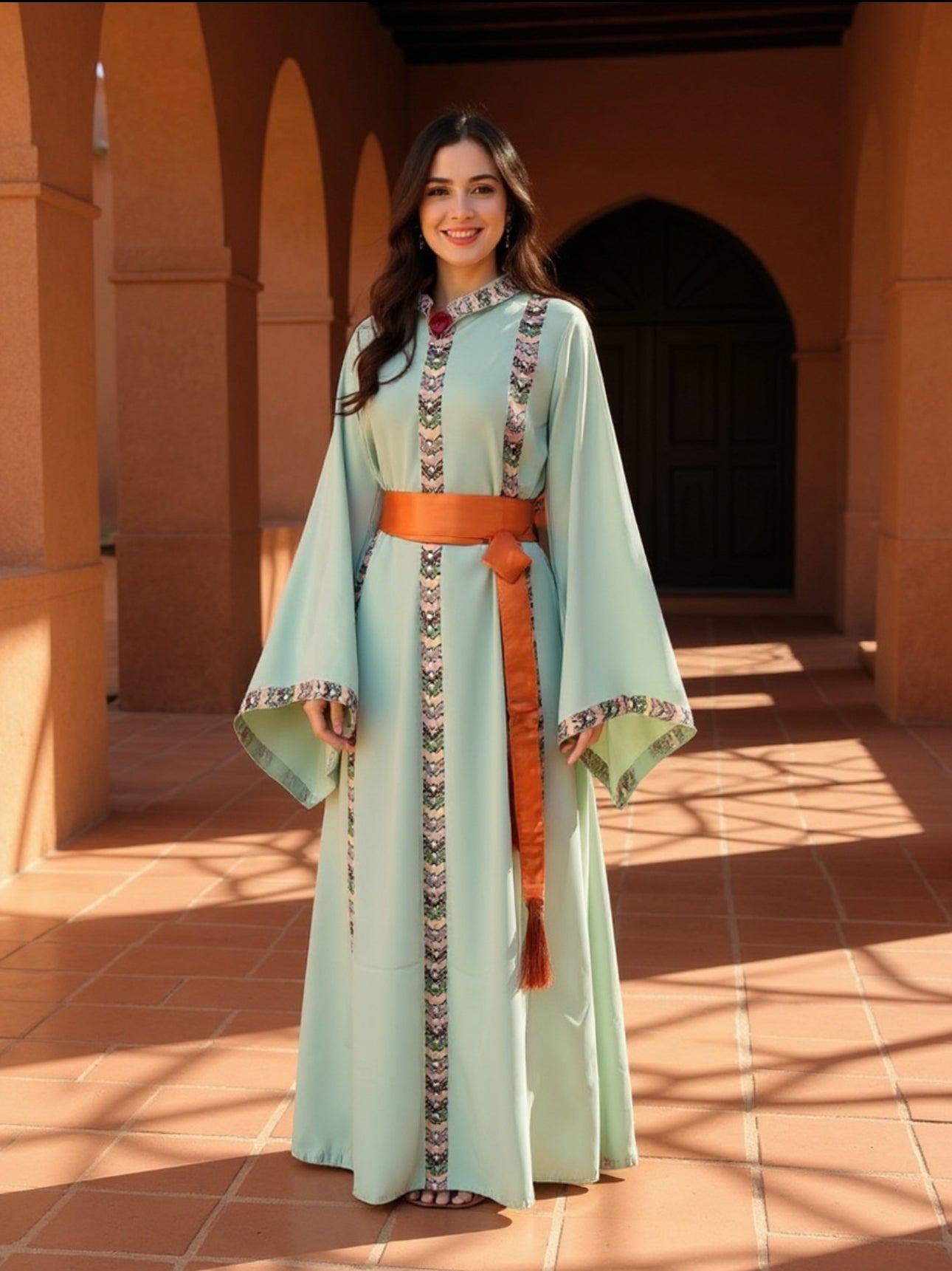 Mint fabric dress with embroidery and satin belt.