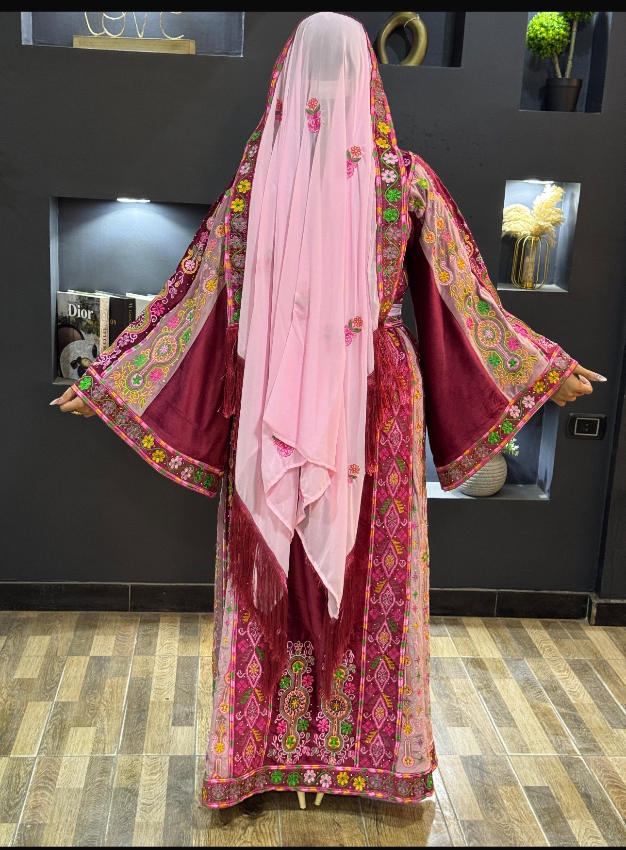 Burgundy slik with pink satin fabric thobe