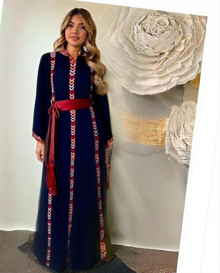 Navy blue embroidered dress with matching belt