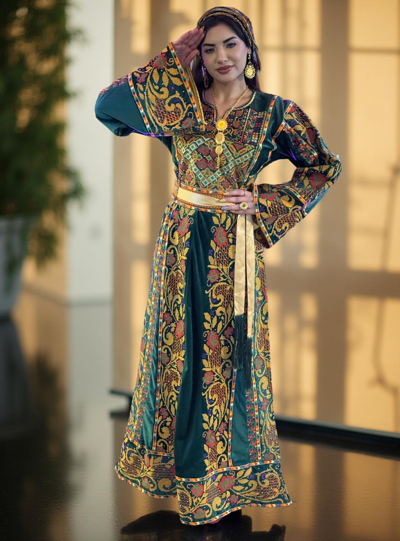 Green silk velvet thobe