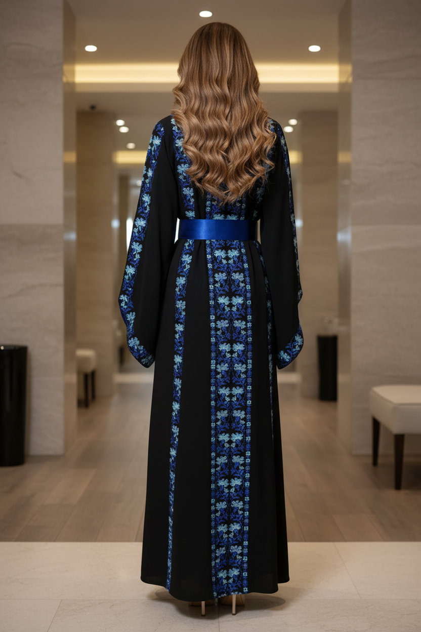 A beautiful black and royal blue dress with fashionable sleeves.