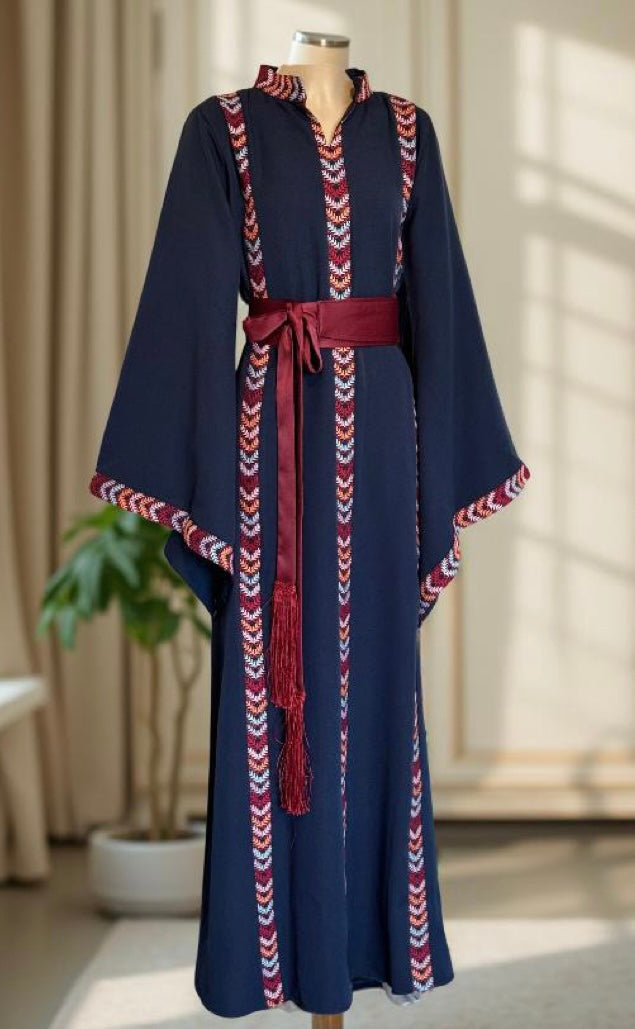 Navy blue embroidered dress with matching belt