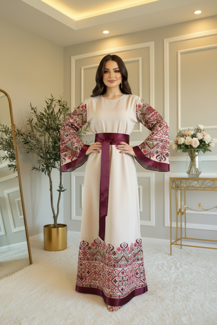 Beige and burgundy embroidered dress – Modest Elegance Boutique
