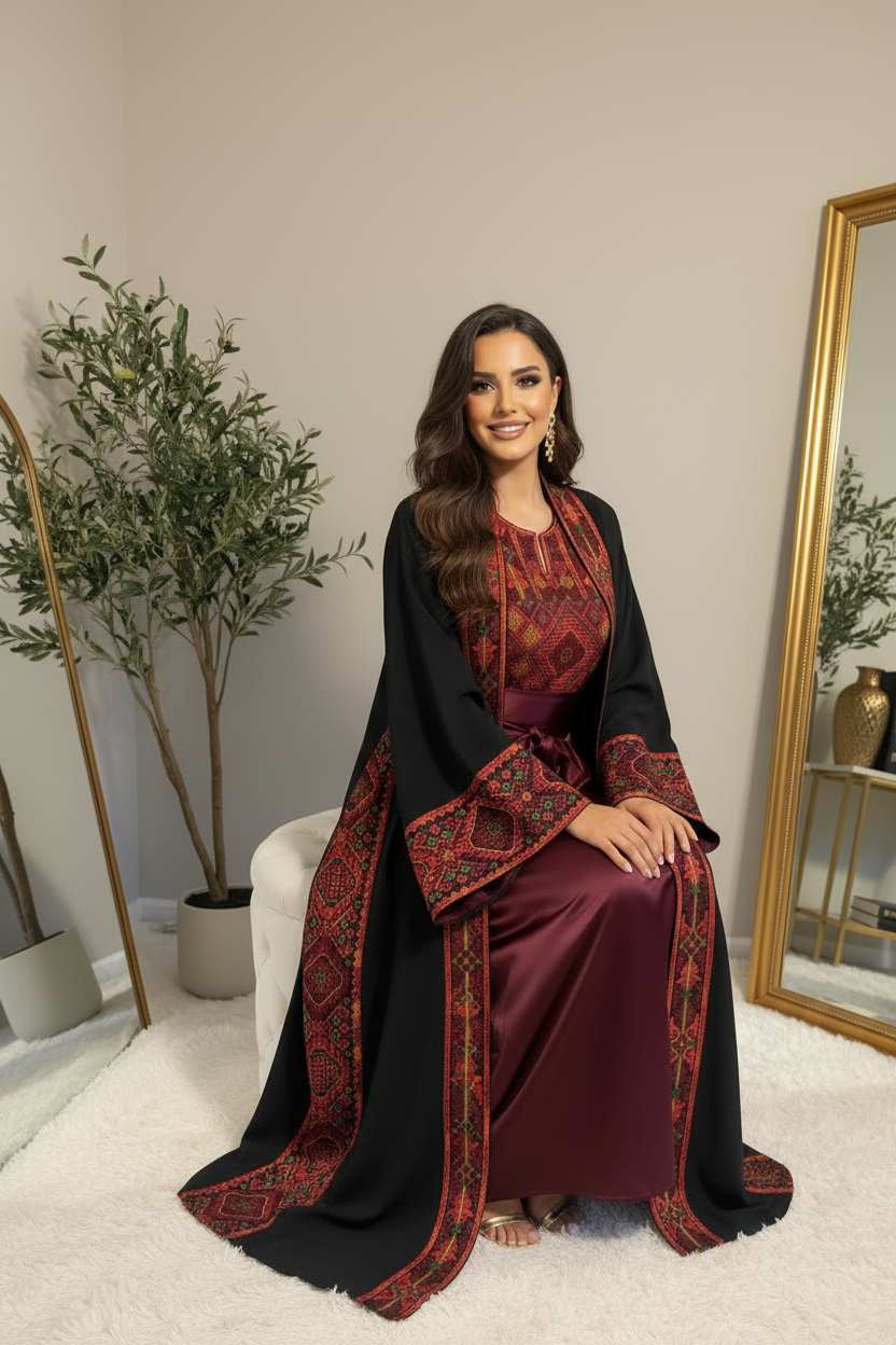 Black and burgundy two-piece abaya with a matching belt.