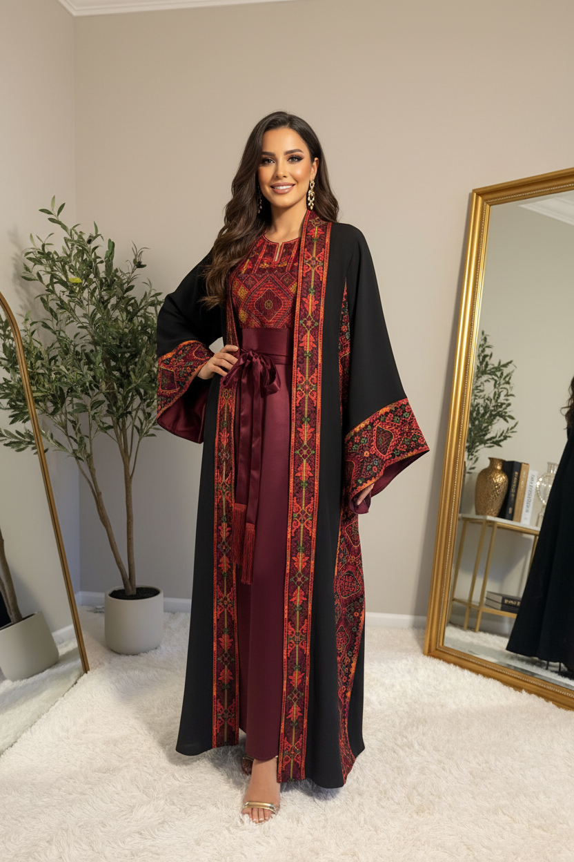 Black and burgundy two-piece abaya with a matching belt.