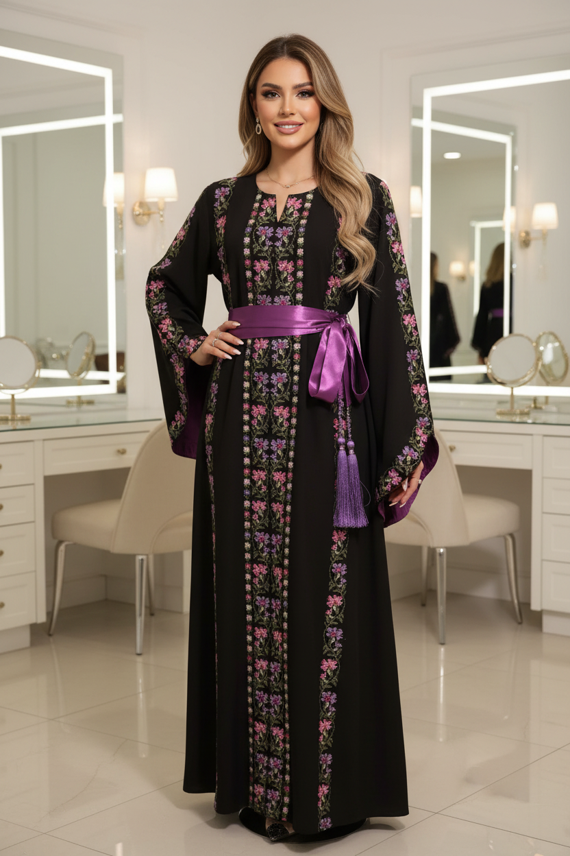 A beautiful black and purple dress with fashionable sleeves.