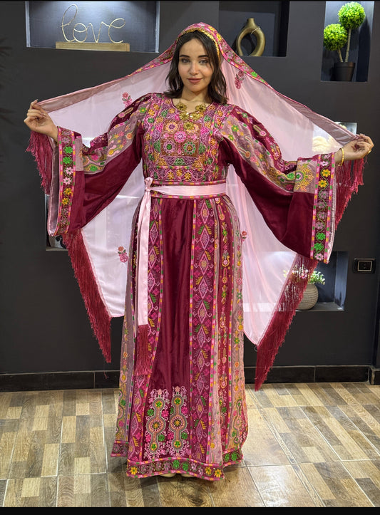 Burgundy slik with pink satin fabric thobe