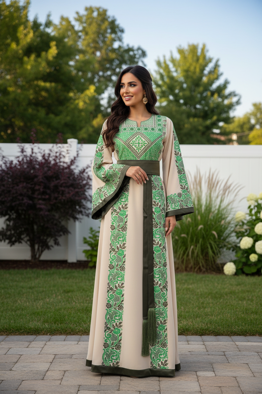 Dark beige thobe with green embroidery