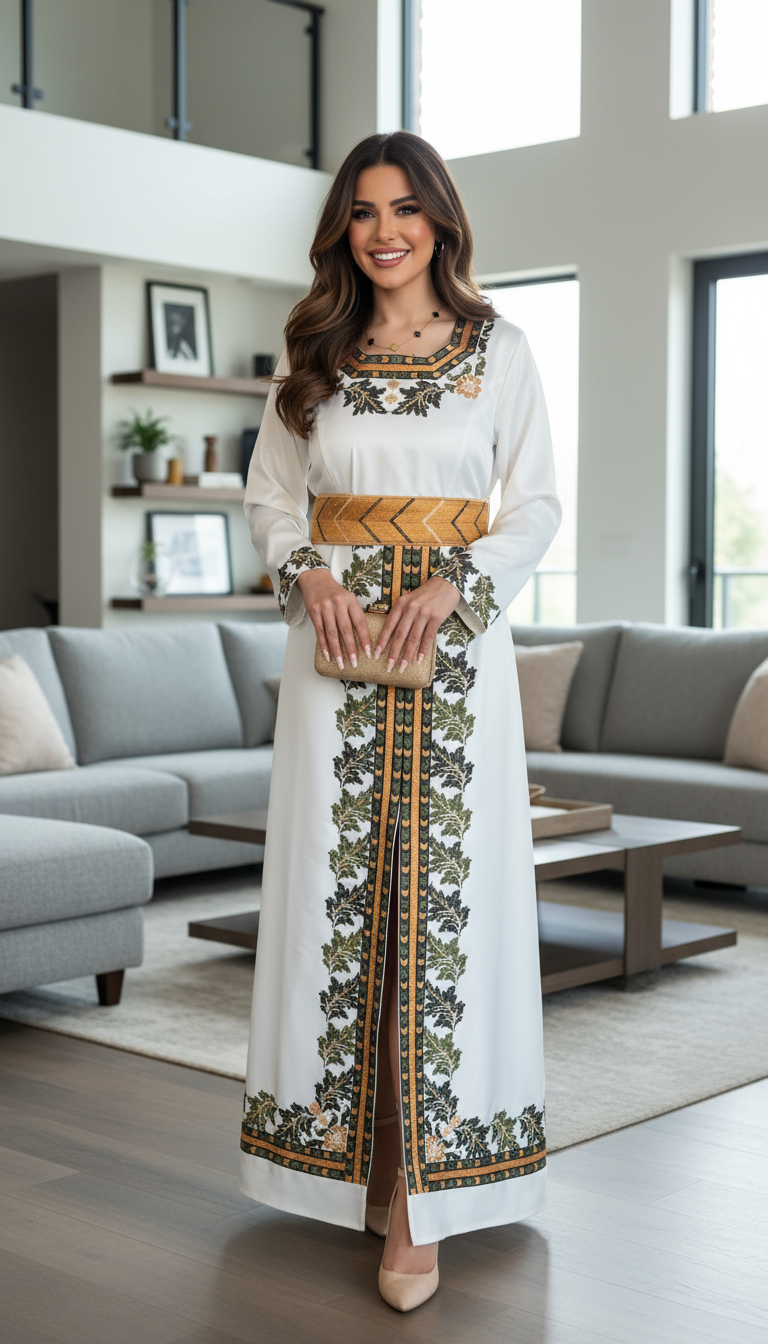 Elegant white dress with green and gold embroidery