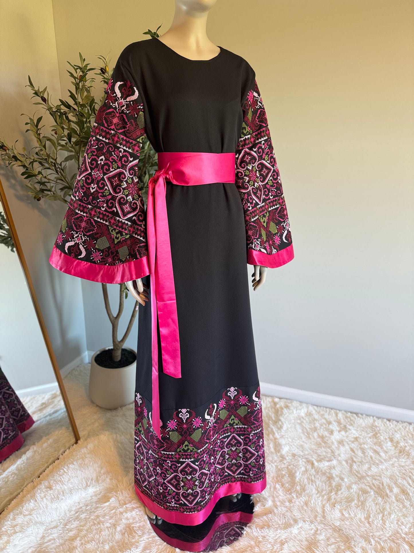 Black and fuchsia embroidered dress