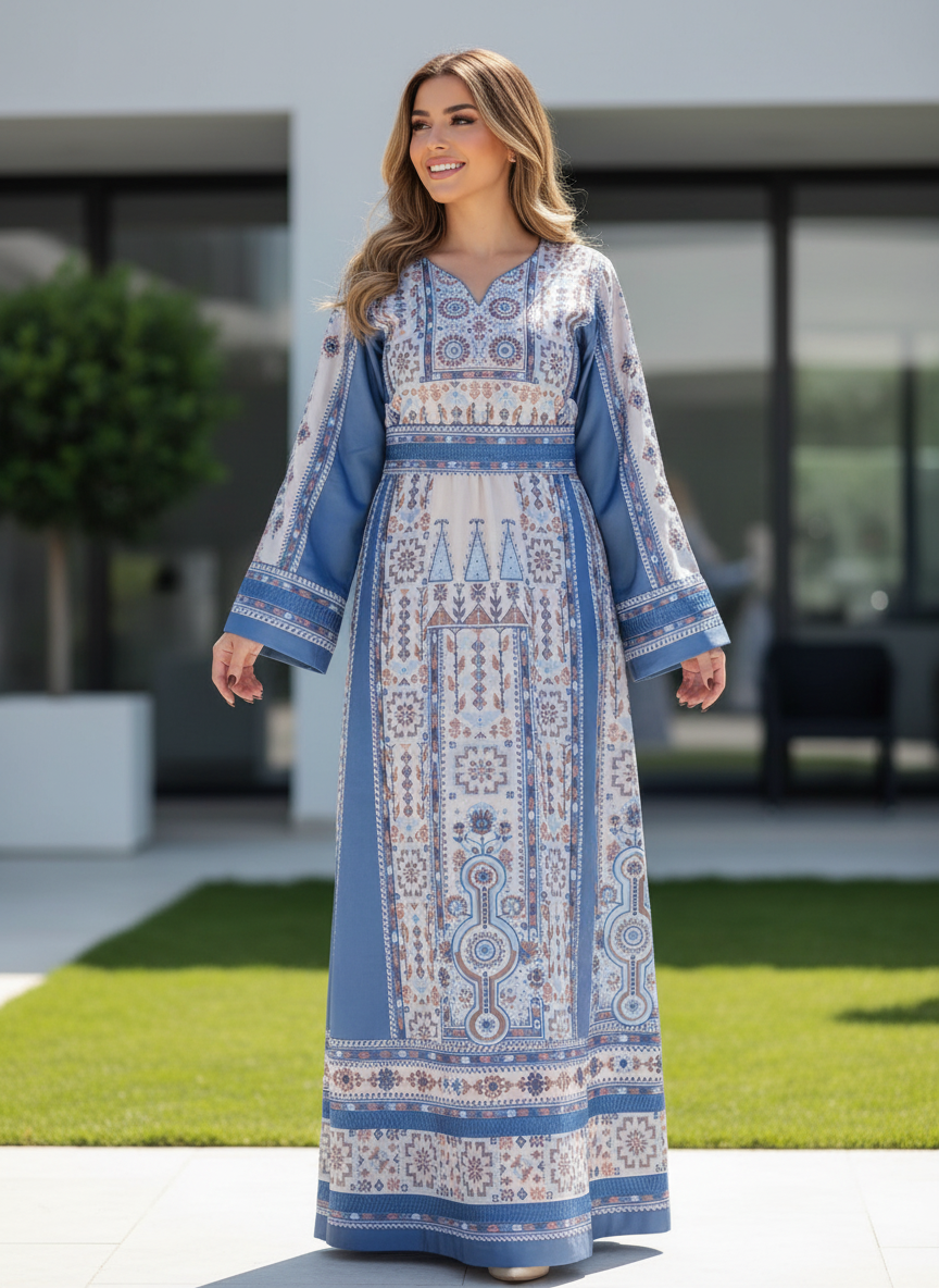 Sky blue and light beige embroidered thobe.