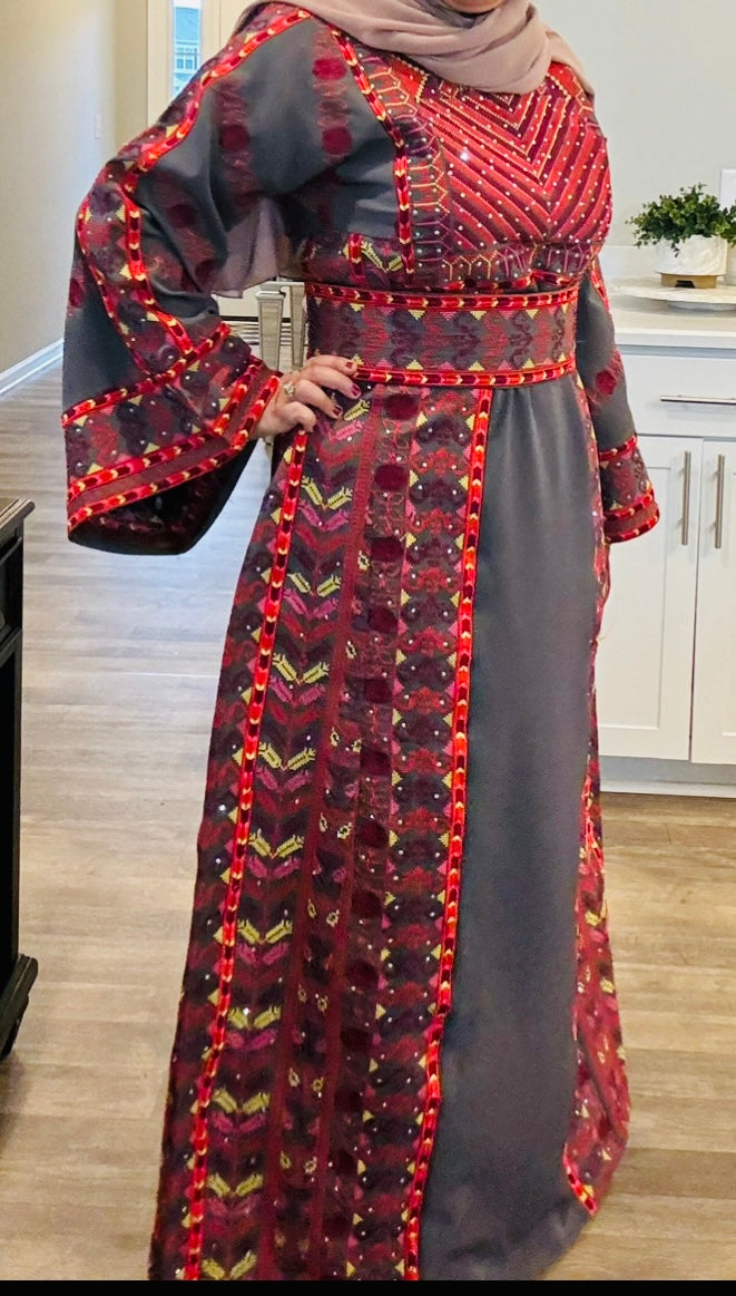 Dark gray fabric thobe with gorgeous colors embroidery