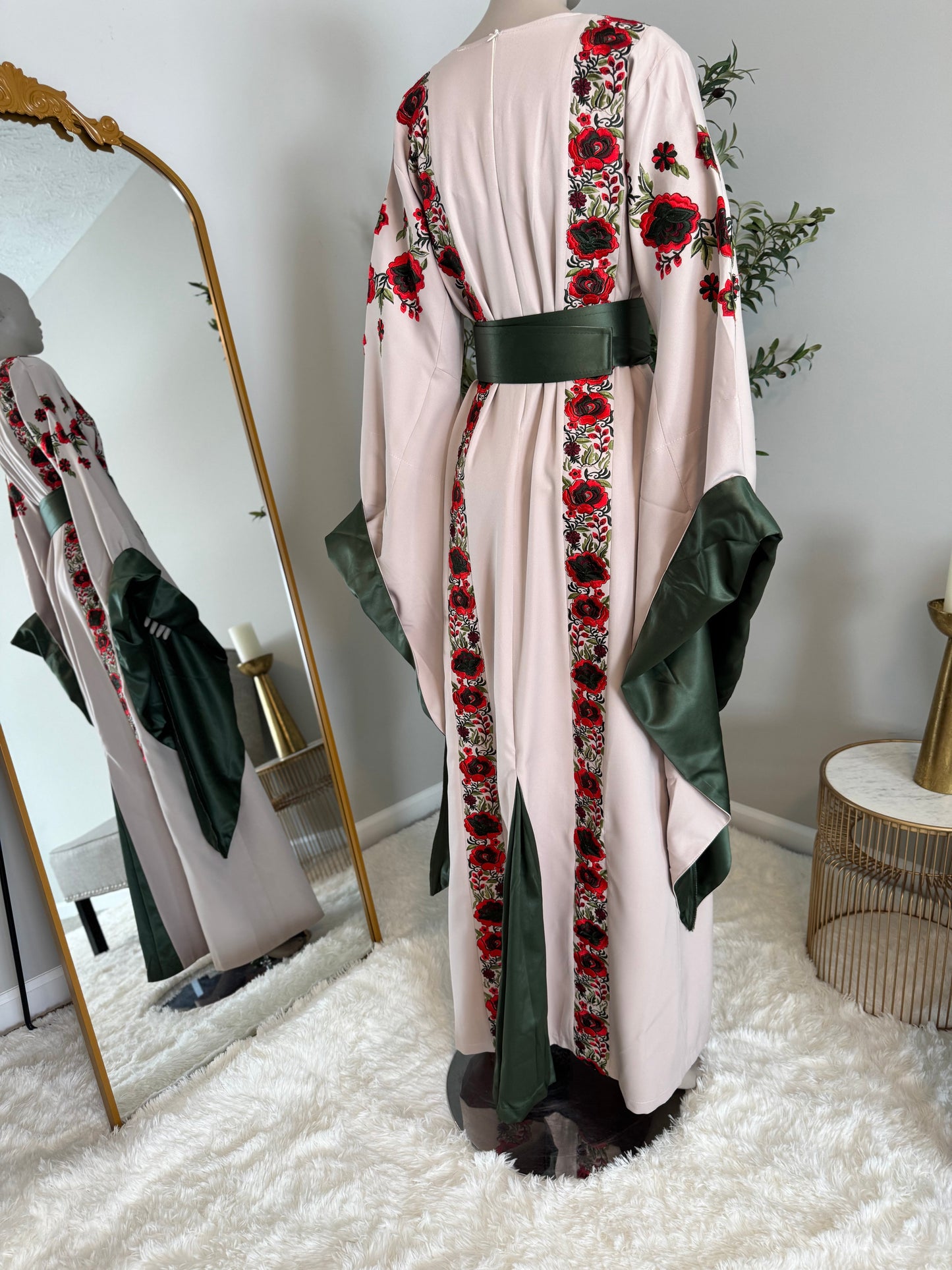 Beige fabric thobe with colorful embroidery