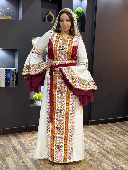 White and burgundy embroidered dress