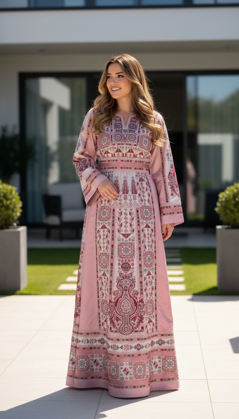 Soft pink and white embroidered thobe
