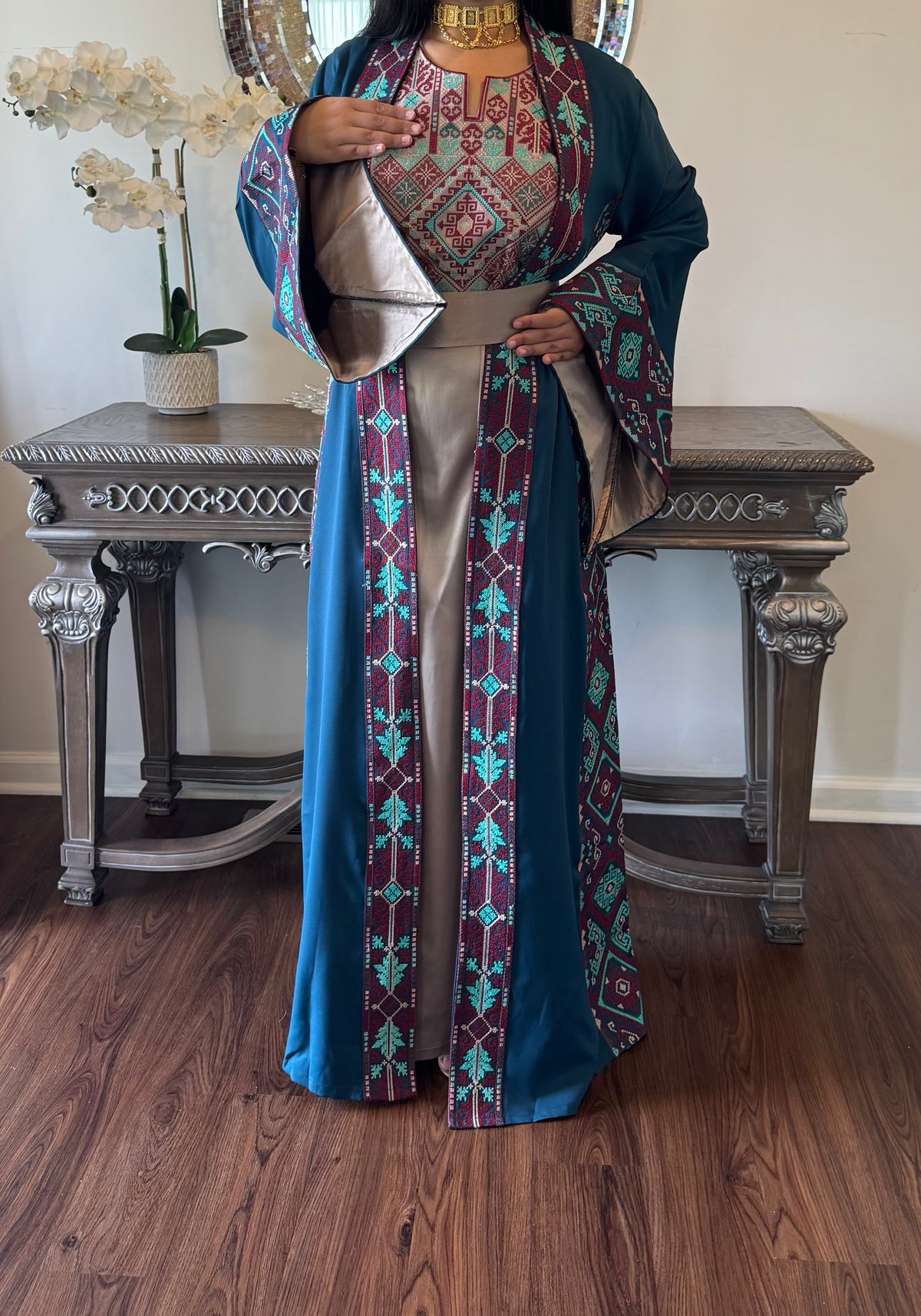 Teal and sliver two piece open abaya with matching belt