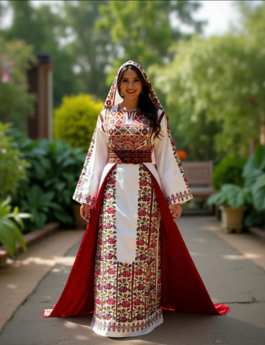 White thobe with colorful flowers and an overskirt.