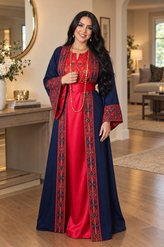 Navy blue and red two-piece open a buy out with belt